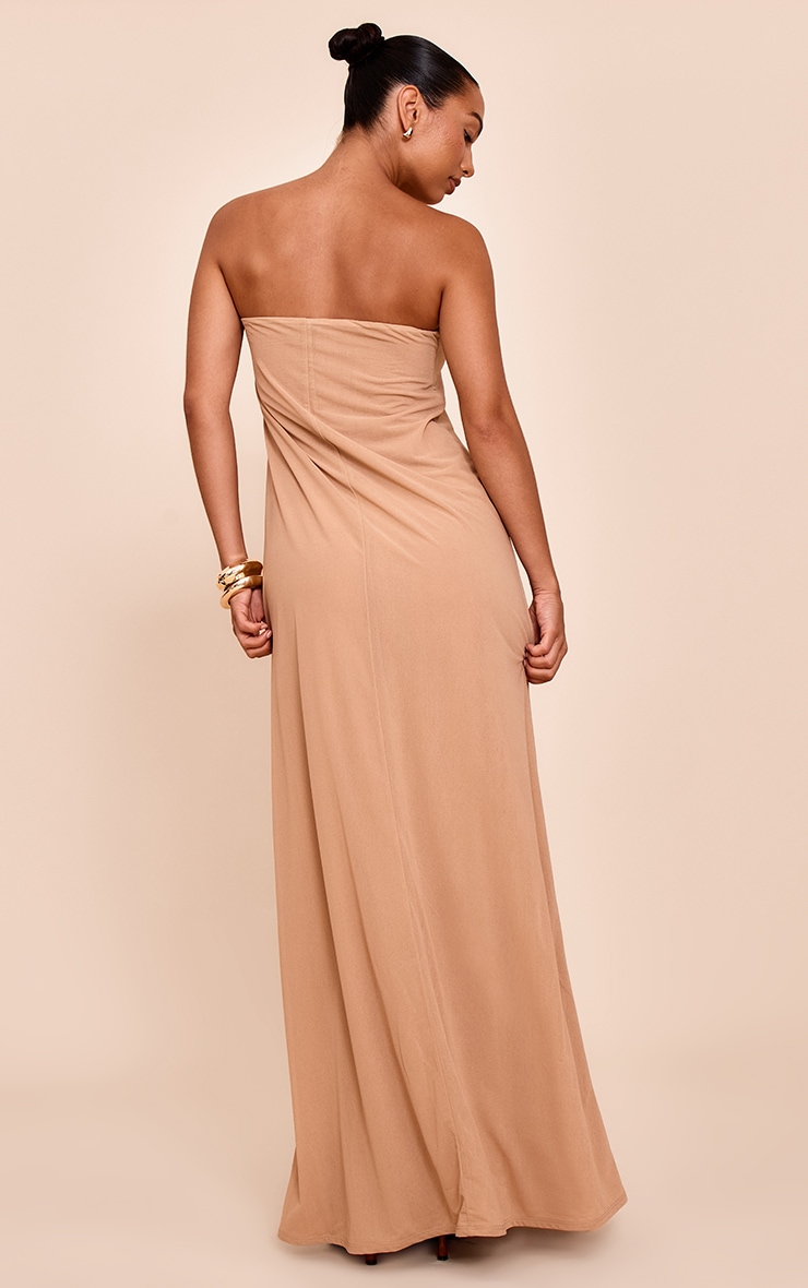 Beige Floral Printed Double Layered Bandeau Colum Dress image 2