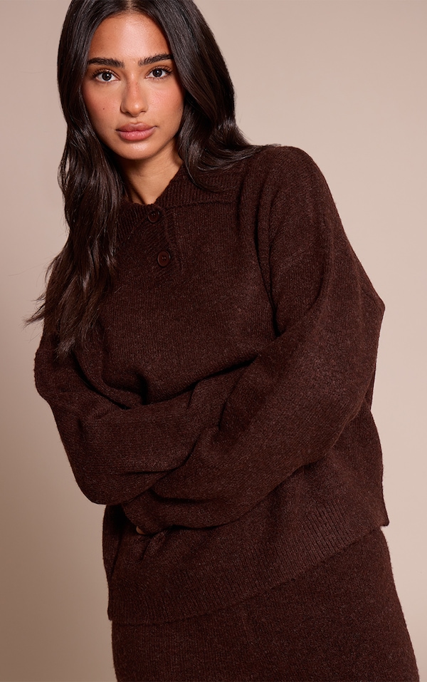 Petite Brown Collared Button Up Knitted Jumper