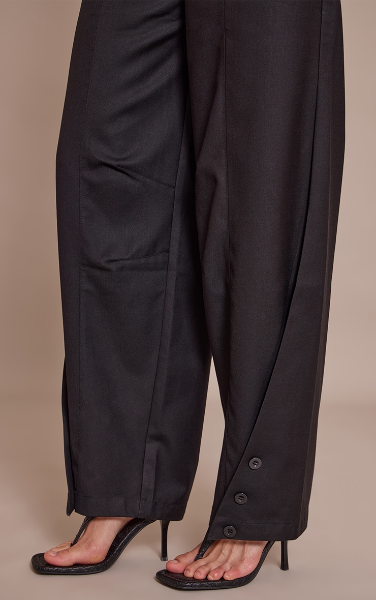 Black Woven Button Barrel Leg Seam Pants image 4