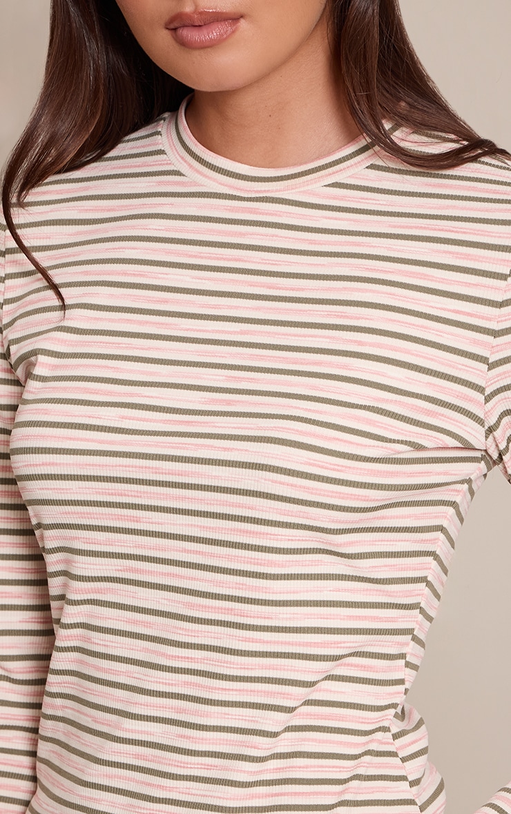 Khaki  Soft Rib Striped Detail  Fitted Long Sleeve Top  image 4