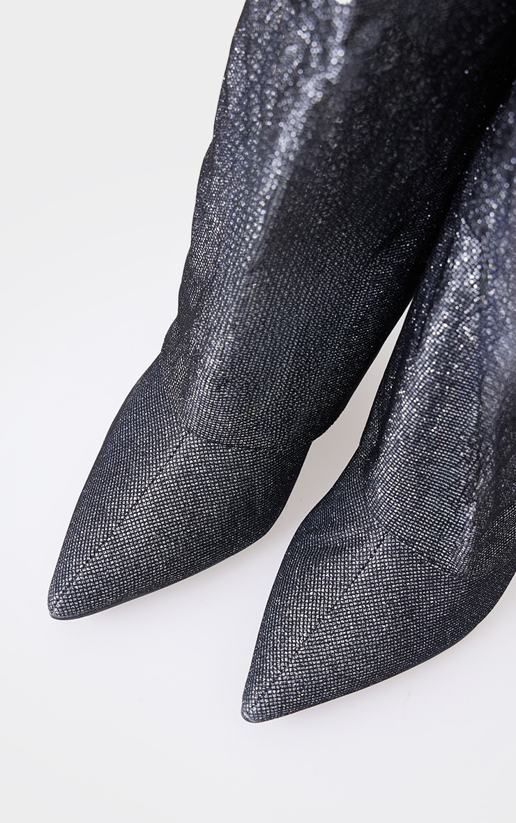 Gunmetal Diamante Point Toe Fold Over Wedged Knee High Boots image 4