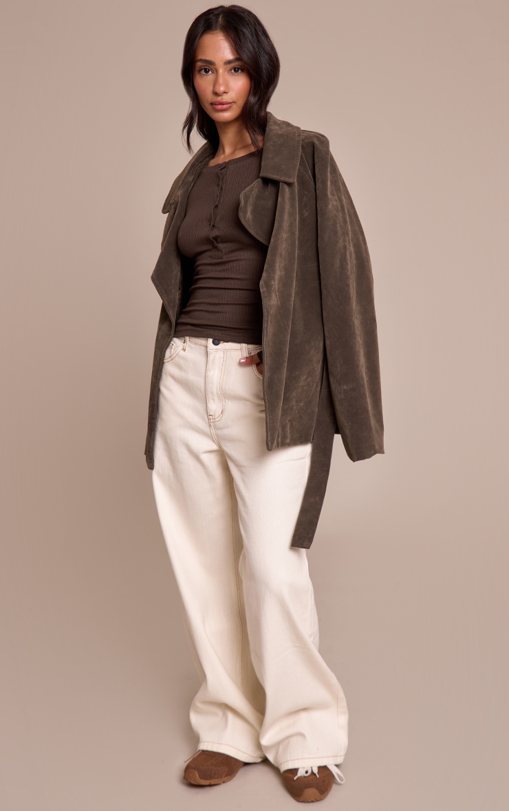 Petite Dark Chocolate Soft Rib Button Up Fitted Long Sleeve Top image 3