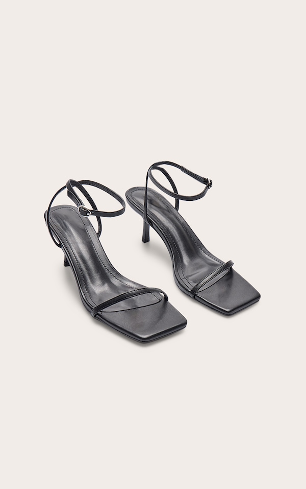 Black Pu Square Toe Square Toe Barely There Mid Heeled Sandals