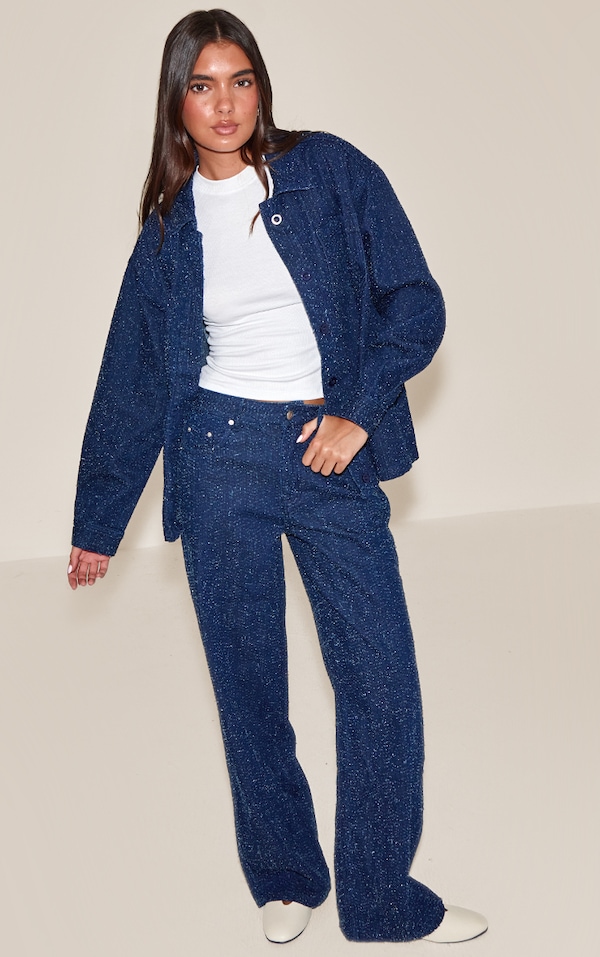 Dark Blue Boucle Denim High Waist Denim Jeans