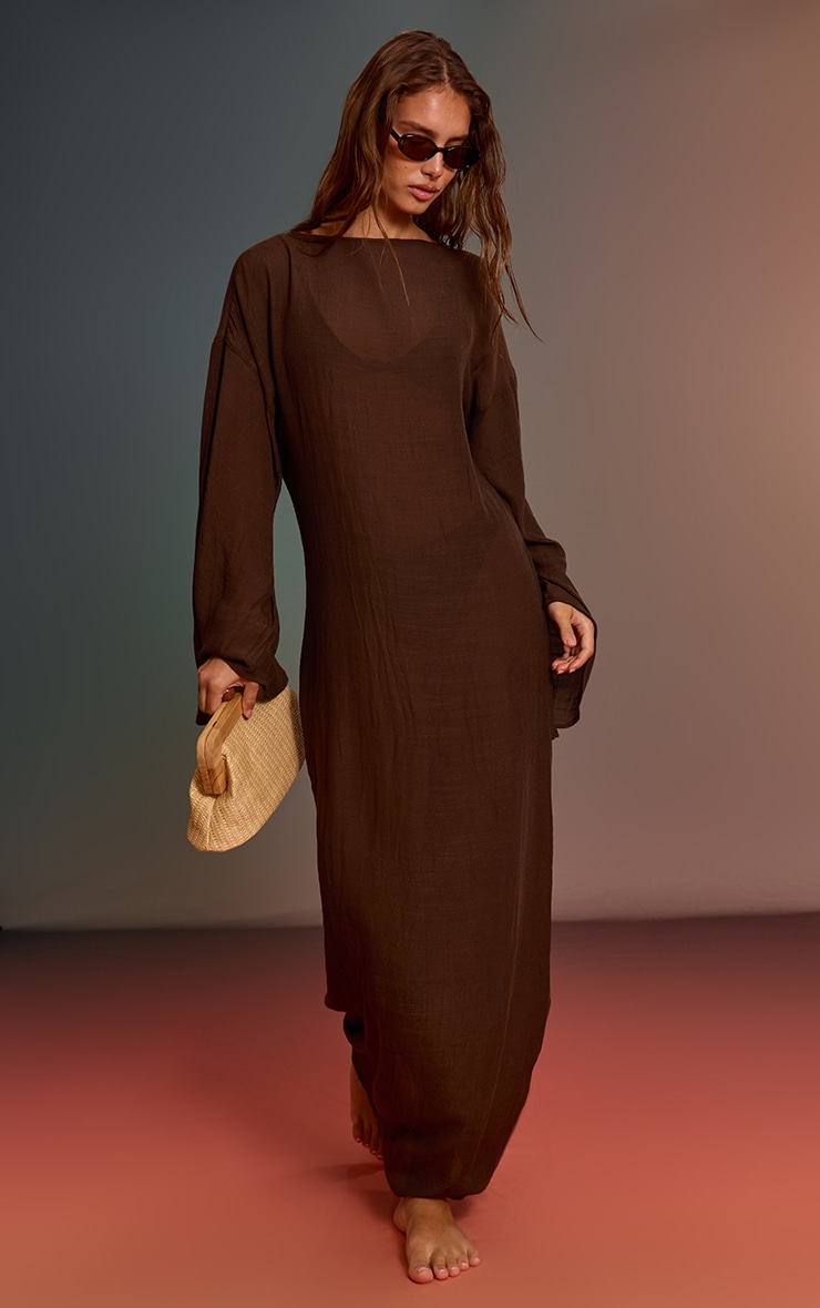 Espresso Linen Look Flute Sleeve Beach Maxi Dress image 3