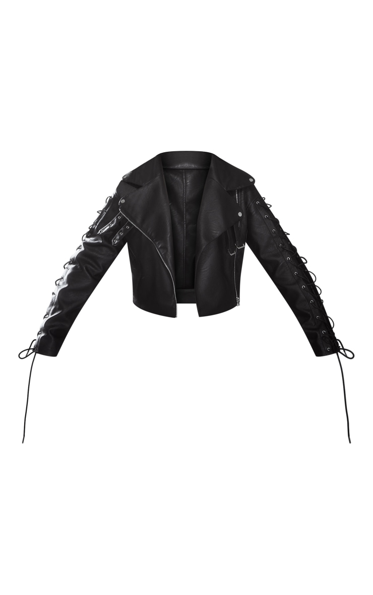 Black Oversized Collar Tie Sleeve Biker Jacket image 3