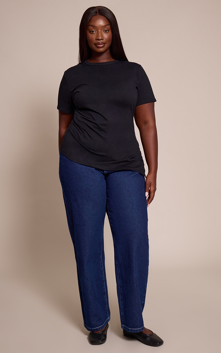 Plus Black Cotton Ruched Side Asymmetric Hem T-shirt image 3