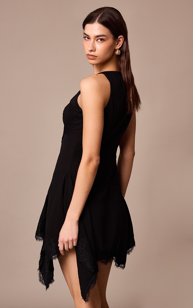 Black Chiffon Sheer Lace Trim Plunge Bodycon Dress image 2