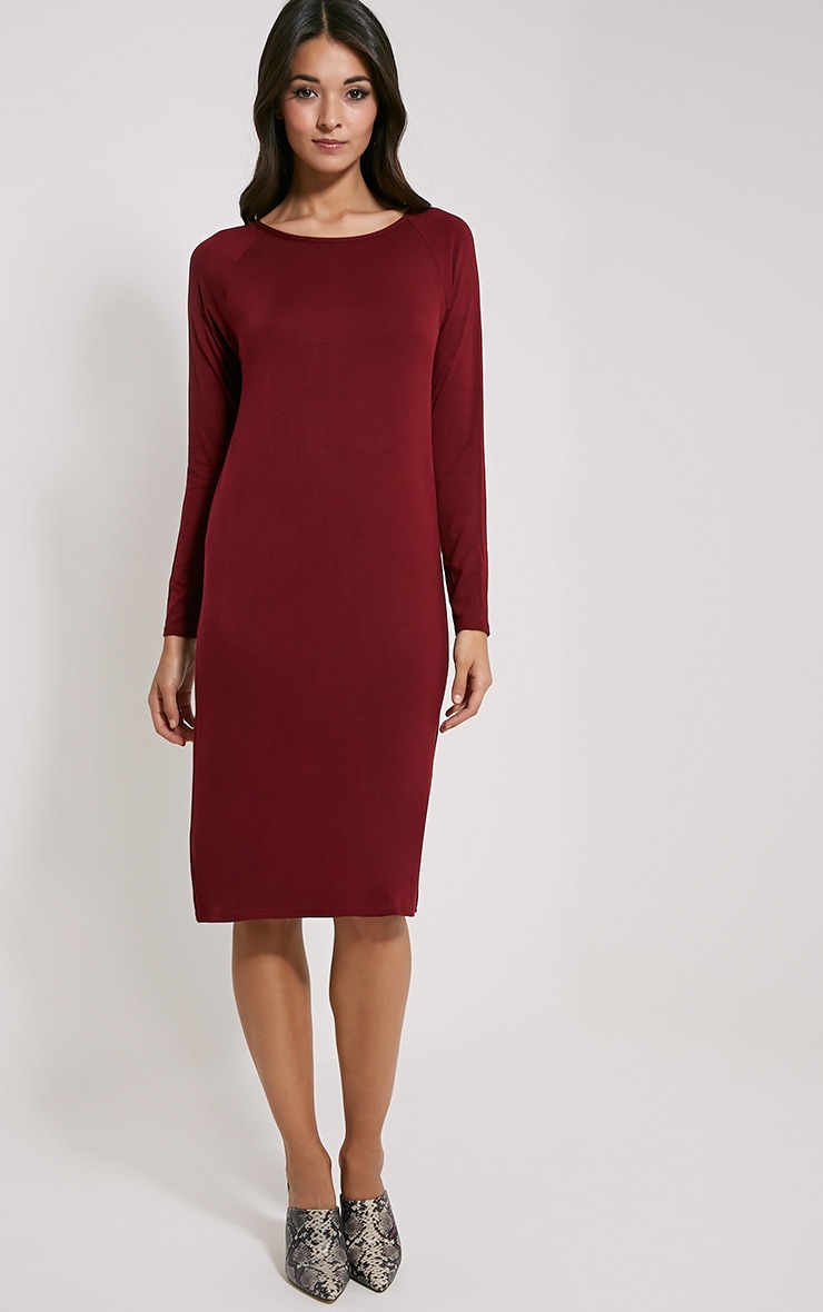 Jean Burgundy Long Sleeve Jersey Midi Dress | PrettyLittleThing