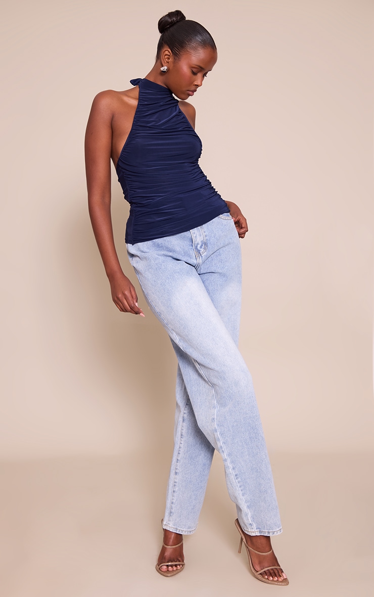 Top long doublé moulant bleu marine drapé à col montant image 3