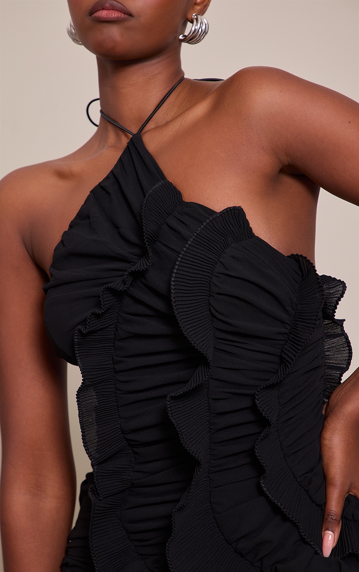 Black Pleated Frill Halterneck Maxi Dress image 4