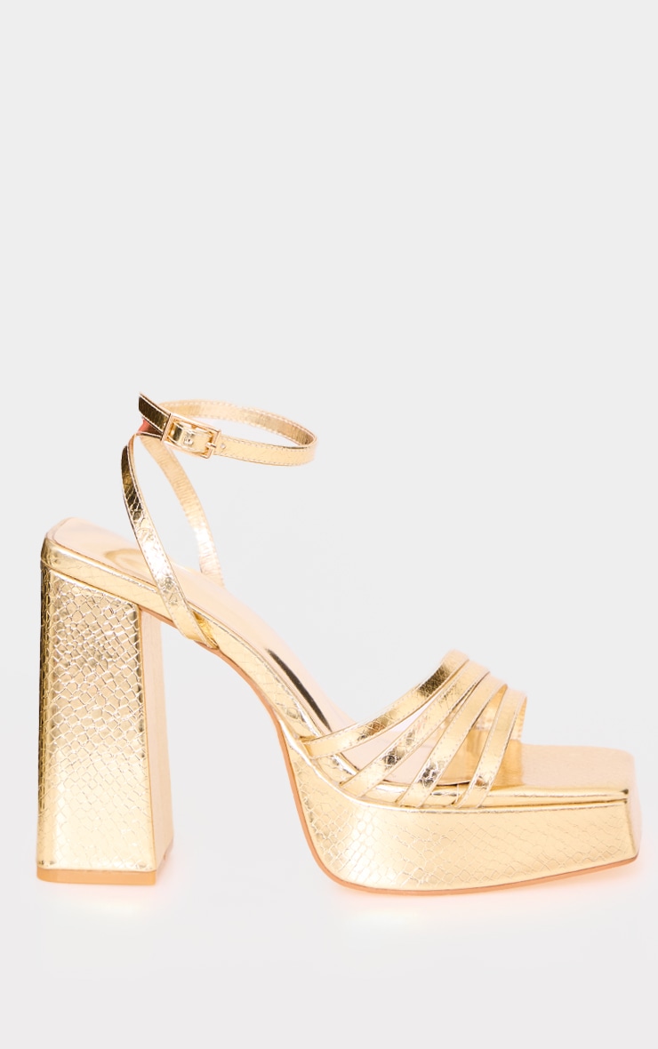 Gold PU Square Toe Strappy Block Platform Heels - Image 4