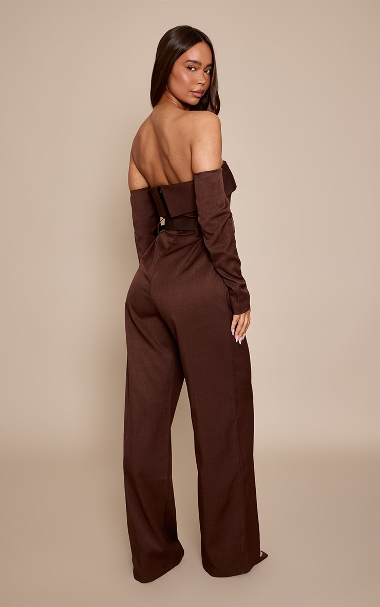 Chocolate Woven Bardot Long Sleeve Belt Detail Jumpsuit image 2