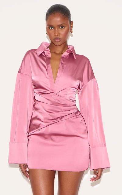 Robe chemise satinée deluxe rose blush à manches cloche