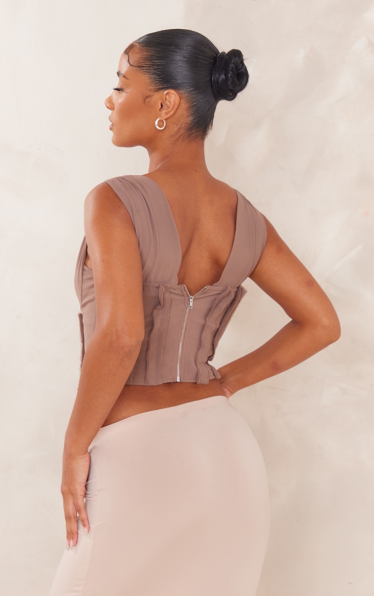 Taupe Woven Lace Up Fray Detail Corset image 2