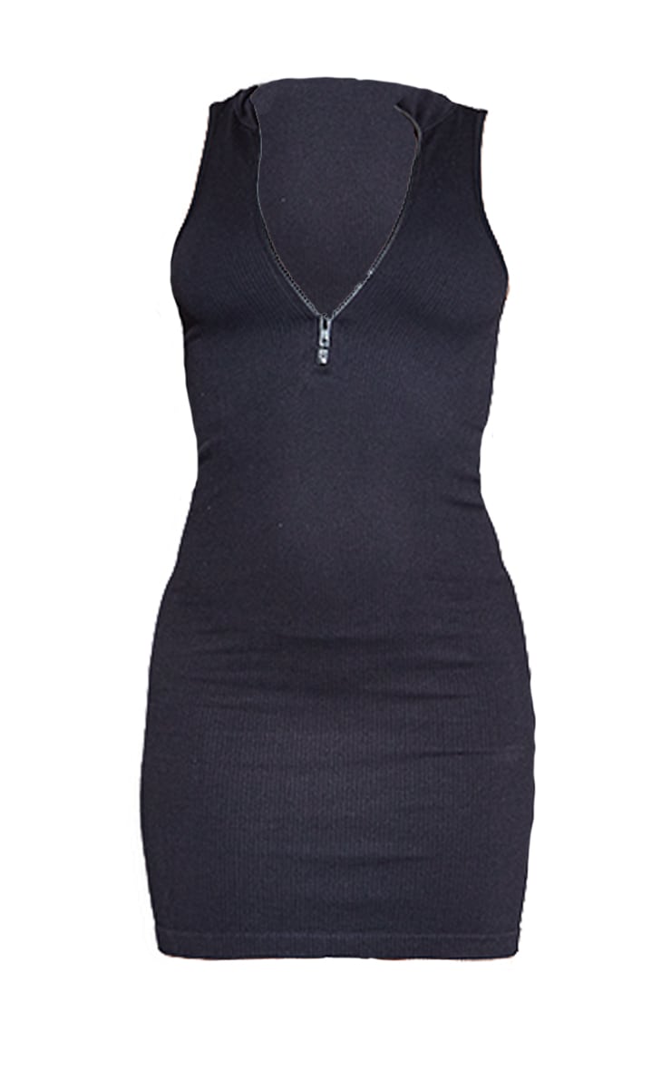 Robe moulante zippée noire sans manches à dos nageur et col montant détail contour image 5