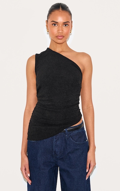 Top long asymétrique texturé noir à épaule unique