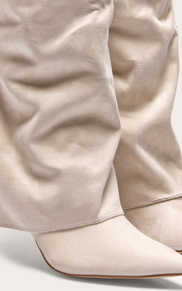 Stone Faux Suede Point Toe Fold Over High Stiletto Knee High Heeled Boots image 4