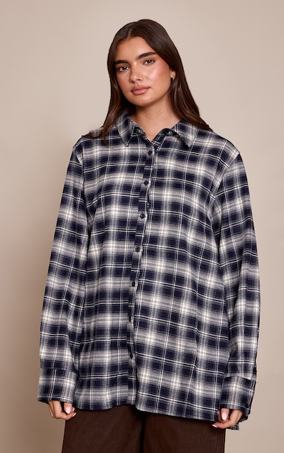 Chemise oversize brossée bleu marine à carreaux