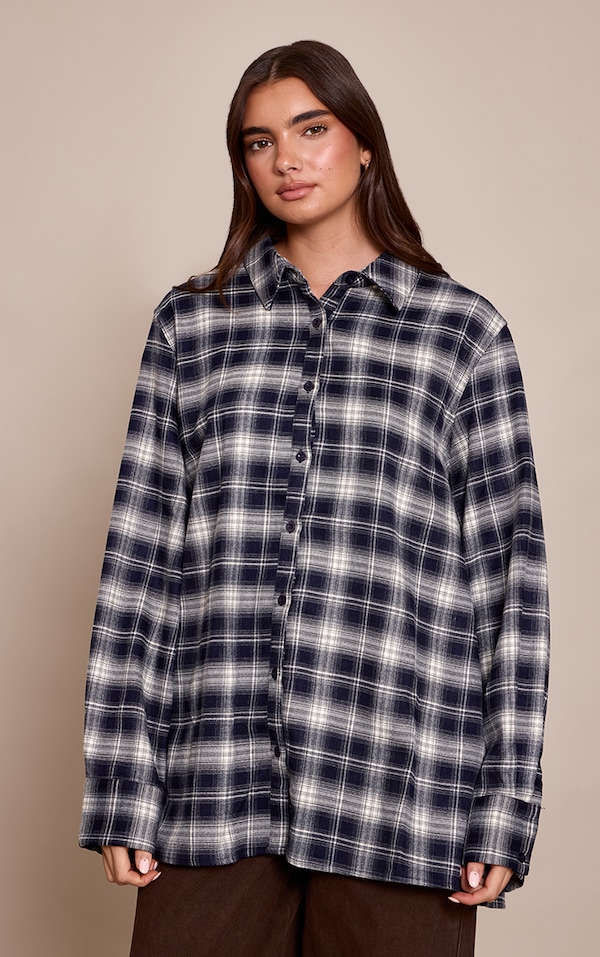 Navy Brushed Check Oversized Shirt 