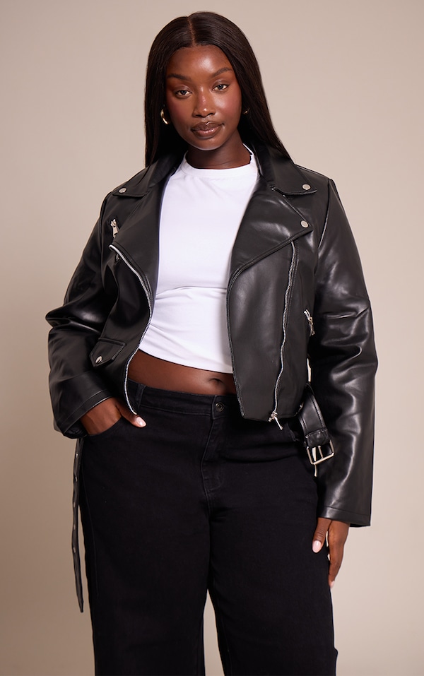 Plus Black Faux Leather Zip Detail Biker Jacket