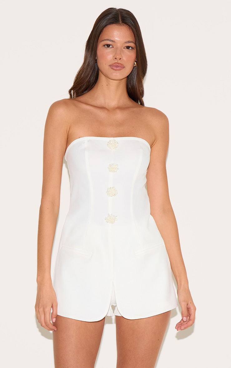 White Beaded Button Detail Tailored Playsuit image 1