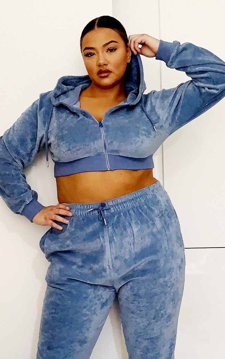 PRETTYLITTLETHING Plus Dusty Blue Diamante Slogan Zip Hoodie