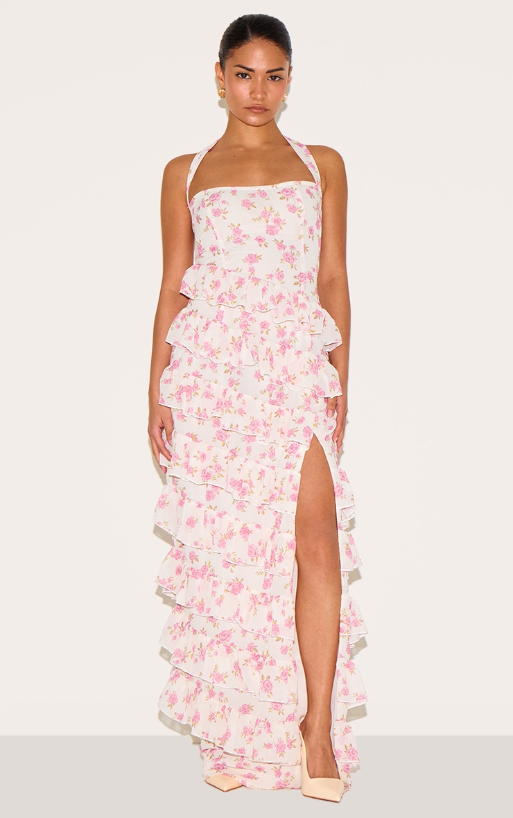Petite Pink Flower Print Frill Detail Maxi Dress image 1
