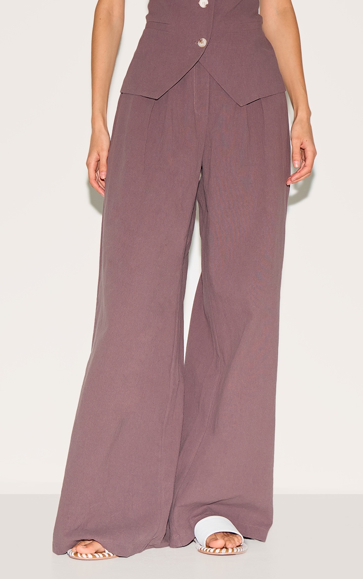 Dark Brown Linen Look Wide Leg Pleated Pants image 1