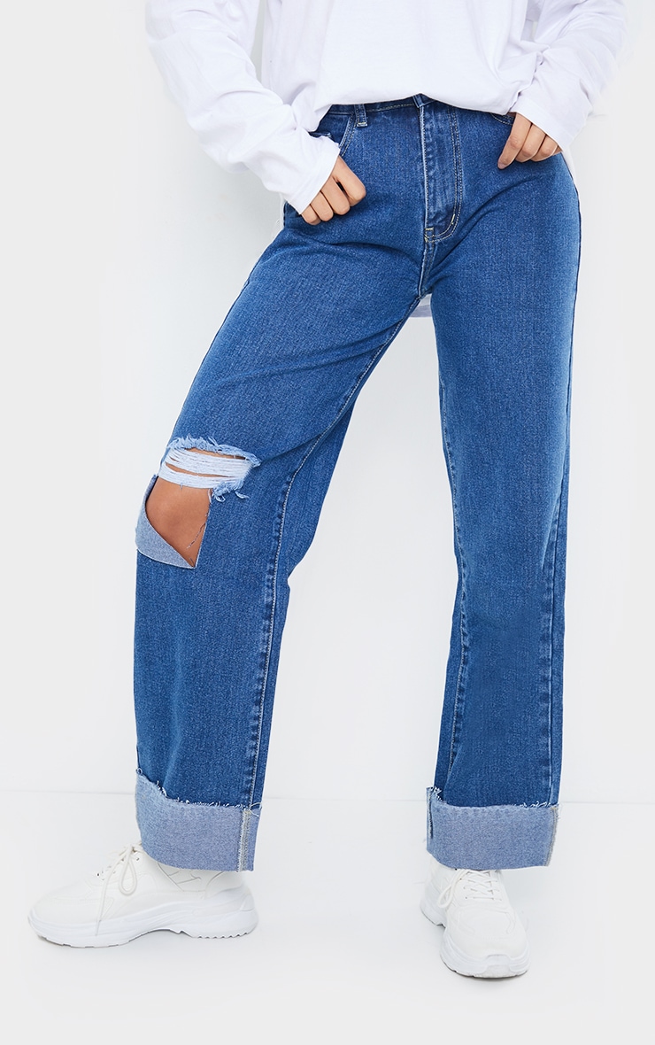 Mid Wash Open Knee Turnup Baggy Boyfriend Jeans PrettyLittleThing