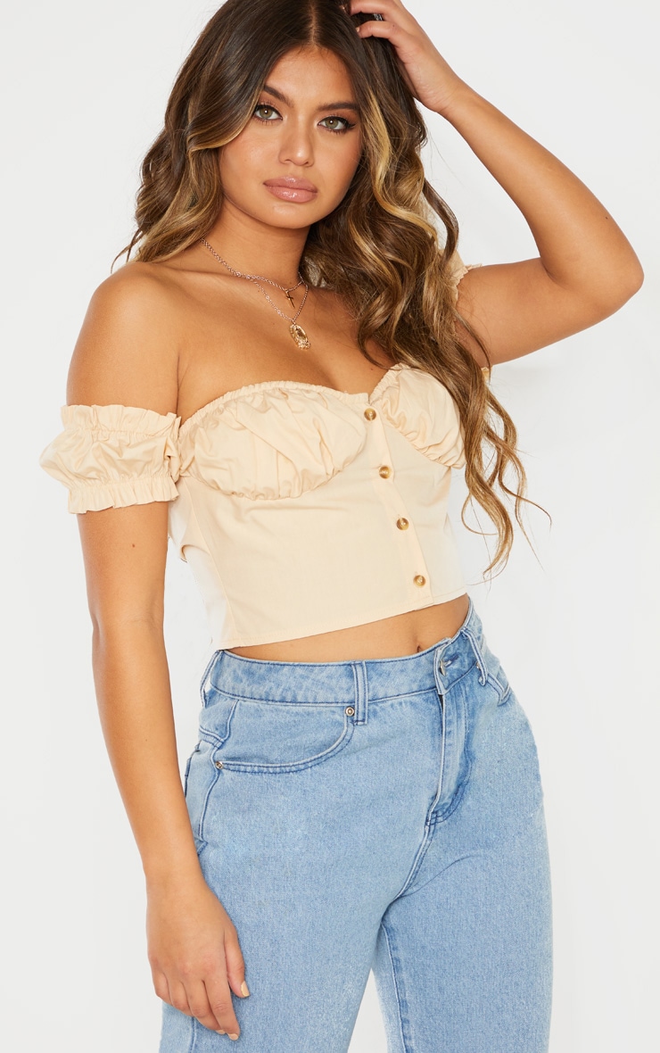 Stone Ruched Cup Button Up Short Sleeve Crop Top