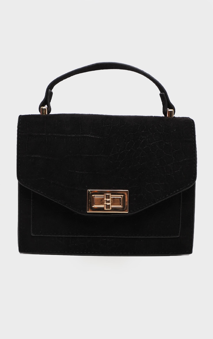 black croc embossed boxy cross body bag