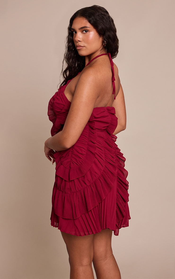 Shape Burgundy Chiffon Textured Frill Halter Neck Mini Dress image 2