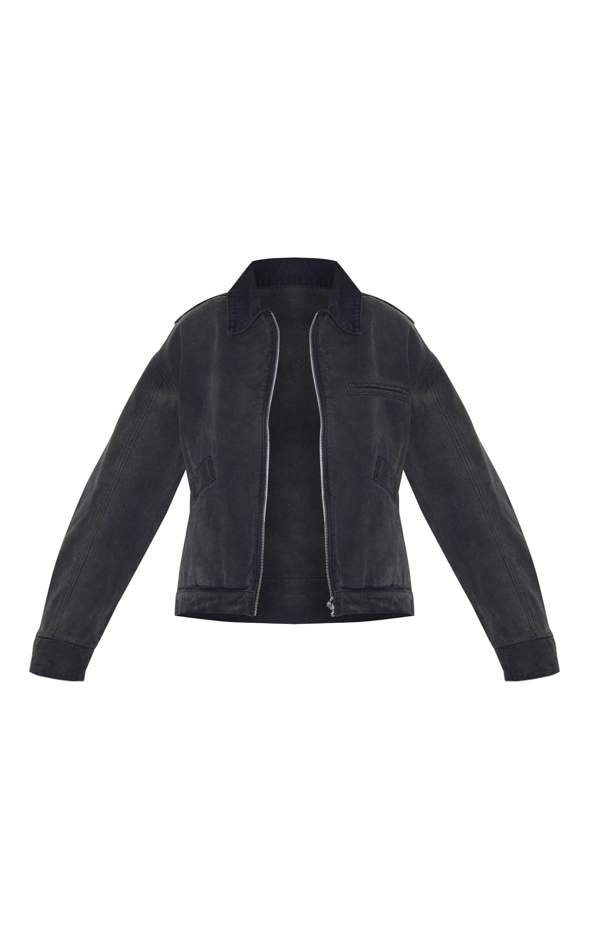 Washed Black Boxy Seam Detail Denim Carpenter Jacket image 4