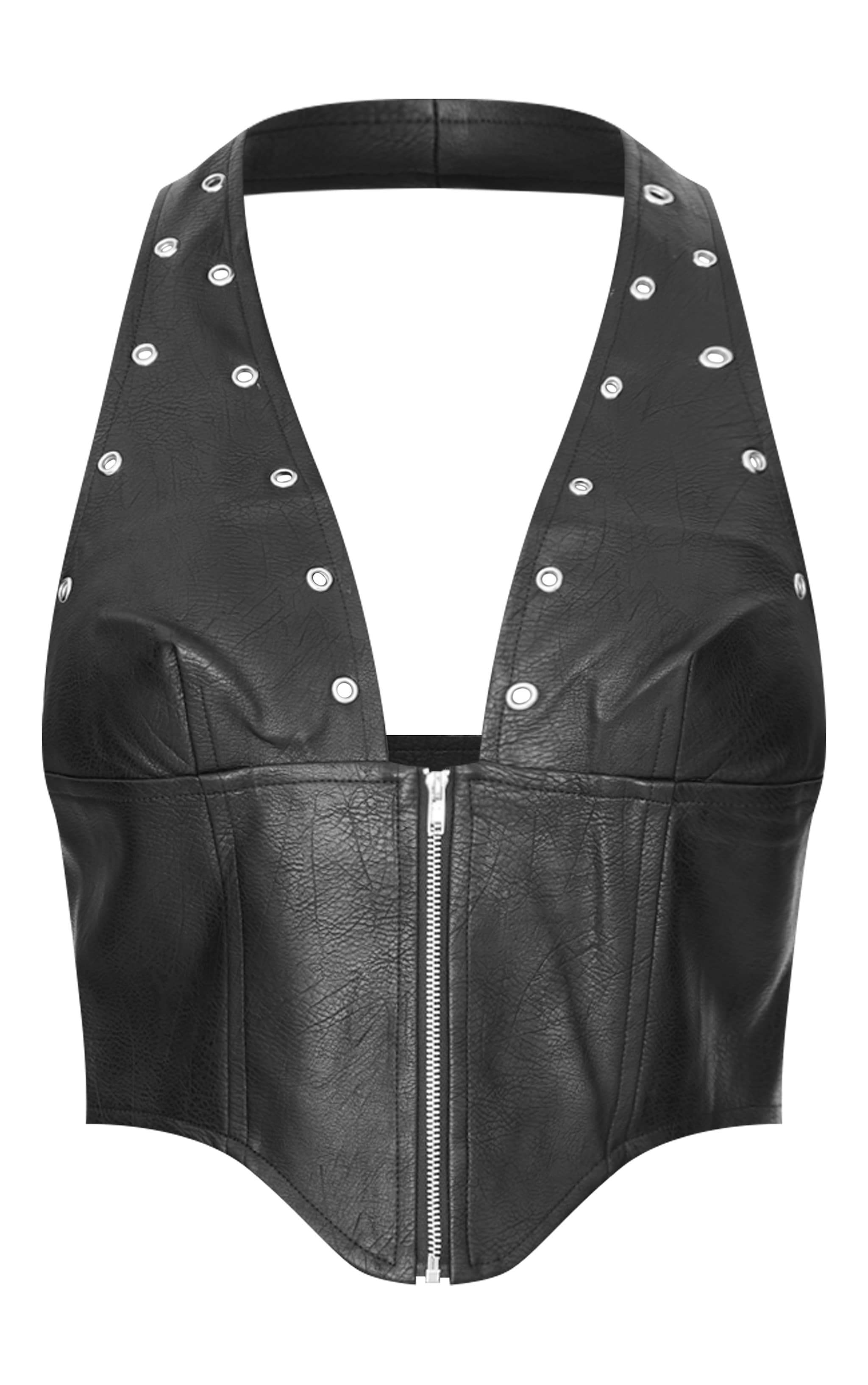 Black Faux Leather Studded Halter Neck Crop Top image 5