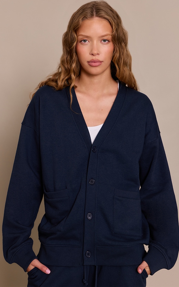 Navy Button Front Pocket Sweat Cardigan