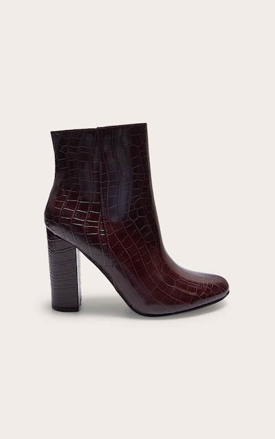 Burgundy Croc PU Block Heel Ankle Boots