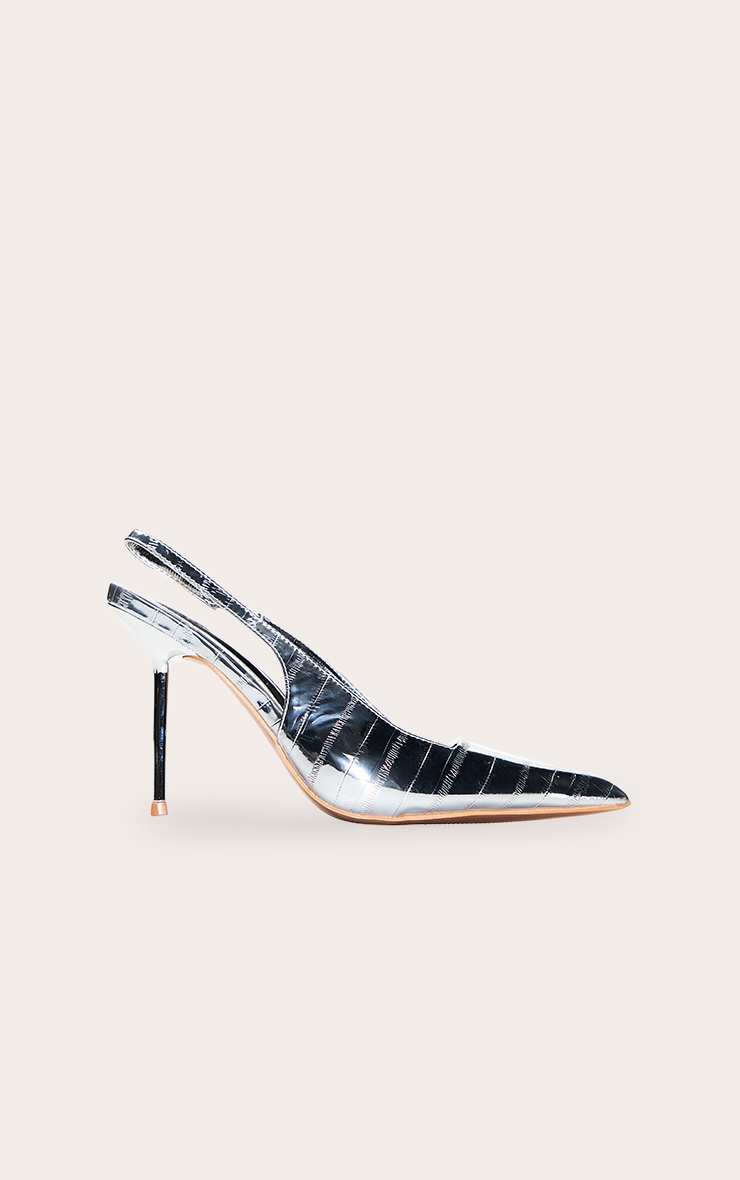 Silver Crinkle Heeled Sling Back Court Shoe image 2