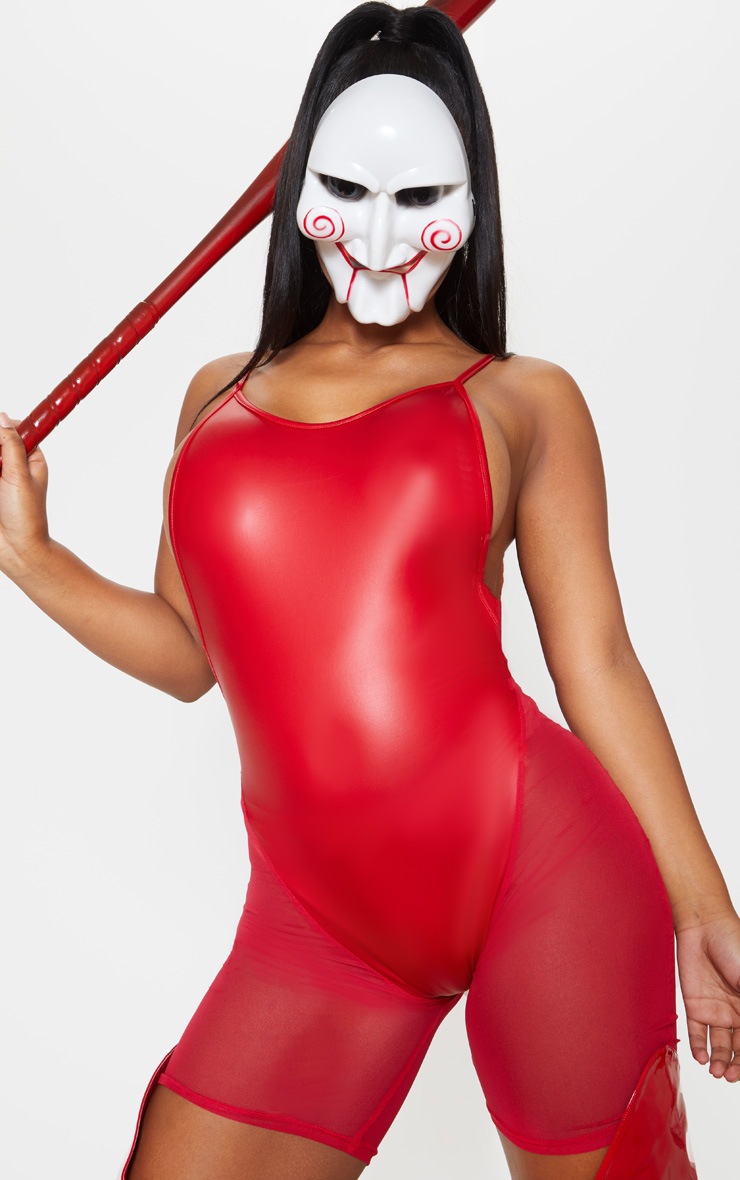 Red PU Mesh Insert Unitard