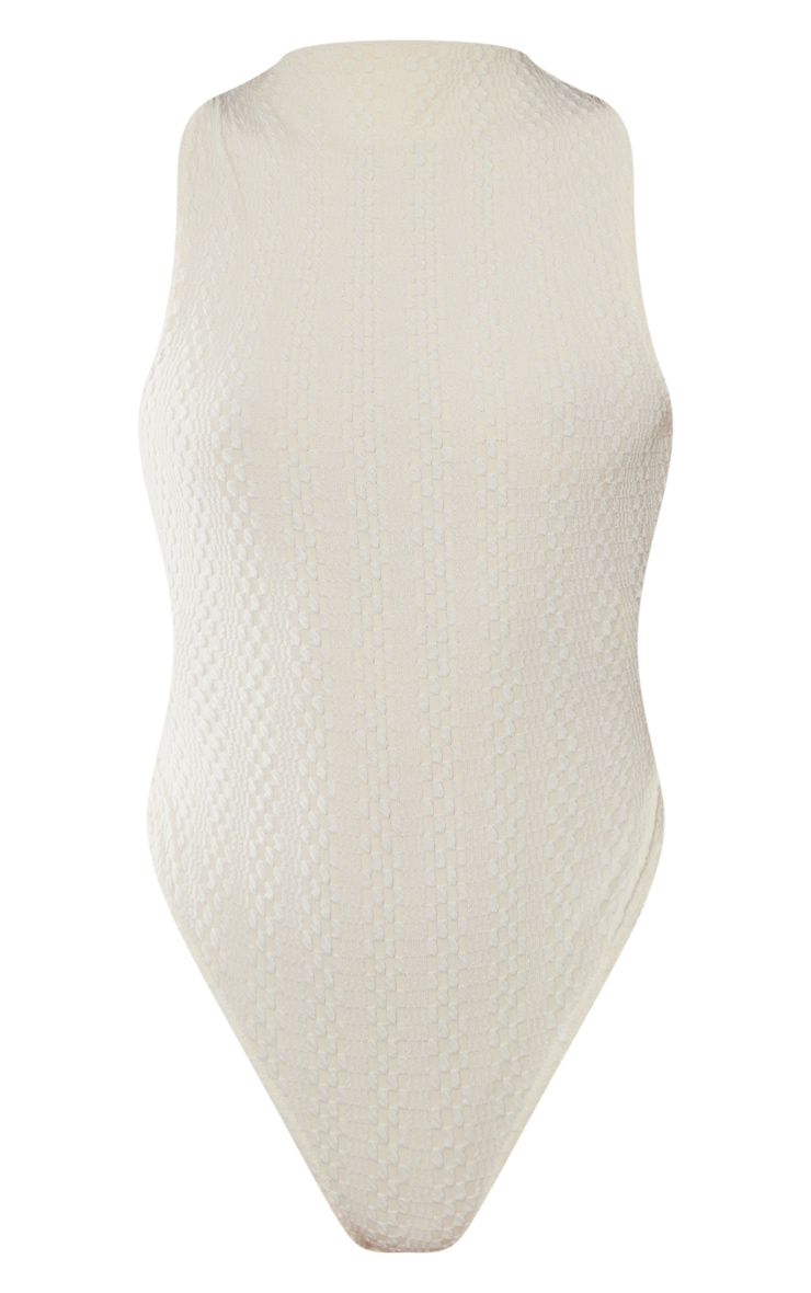 Tall Cream High Neck Sleeveless Textured Bodysuit image 5