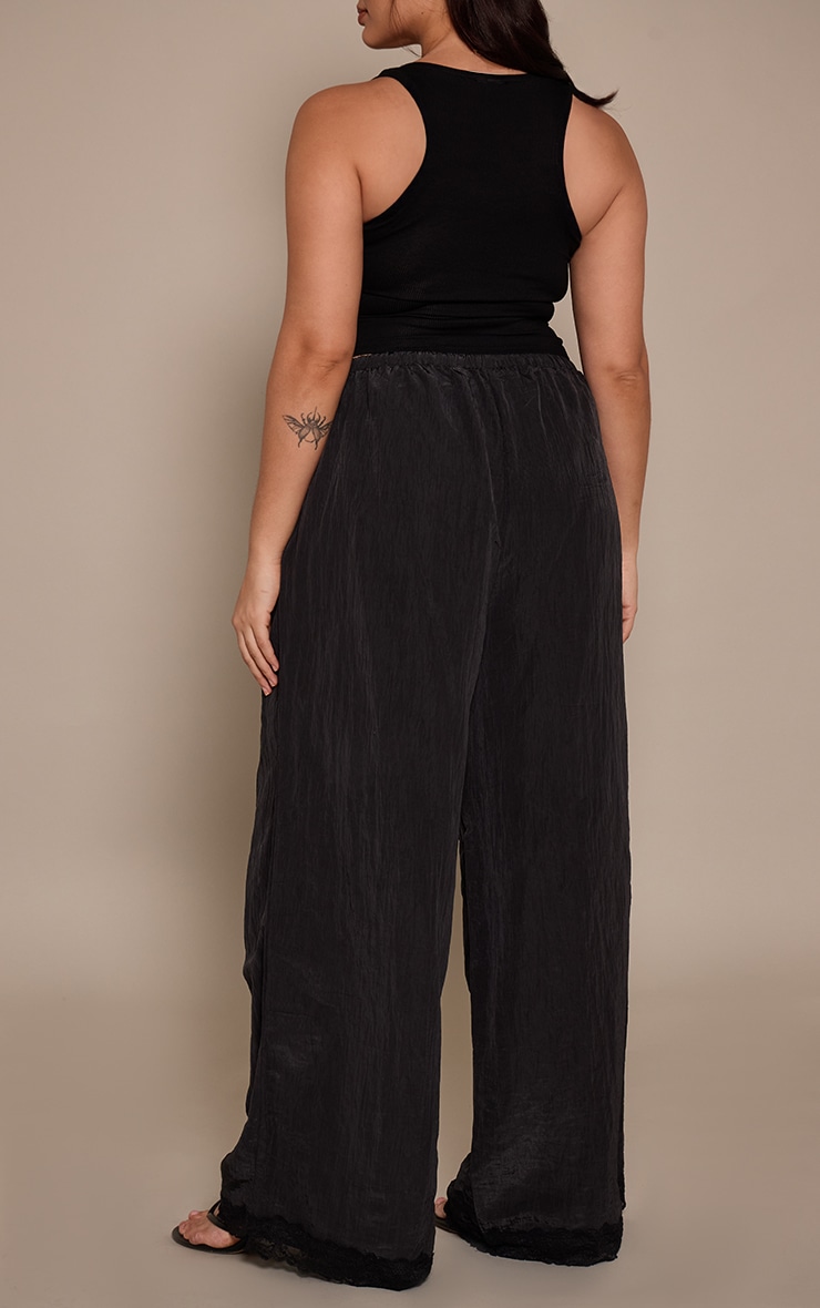 Plus Black Textured Satin Lace Trim Trousers image 3