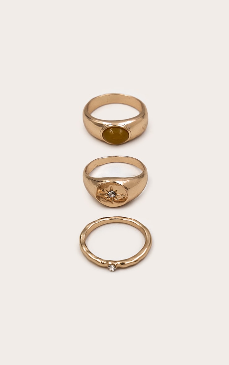 Gold Smooth Ring Multi-Pack With Crystal Detail image 3
