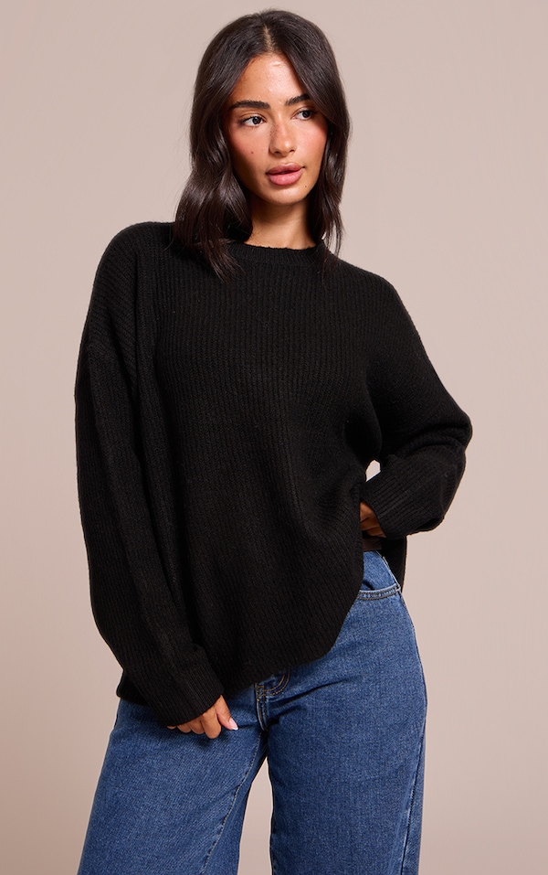 Petite Black Round Neck Knit Raglan Sleeve Sweatshirt