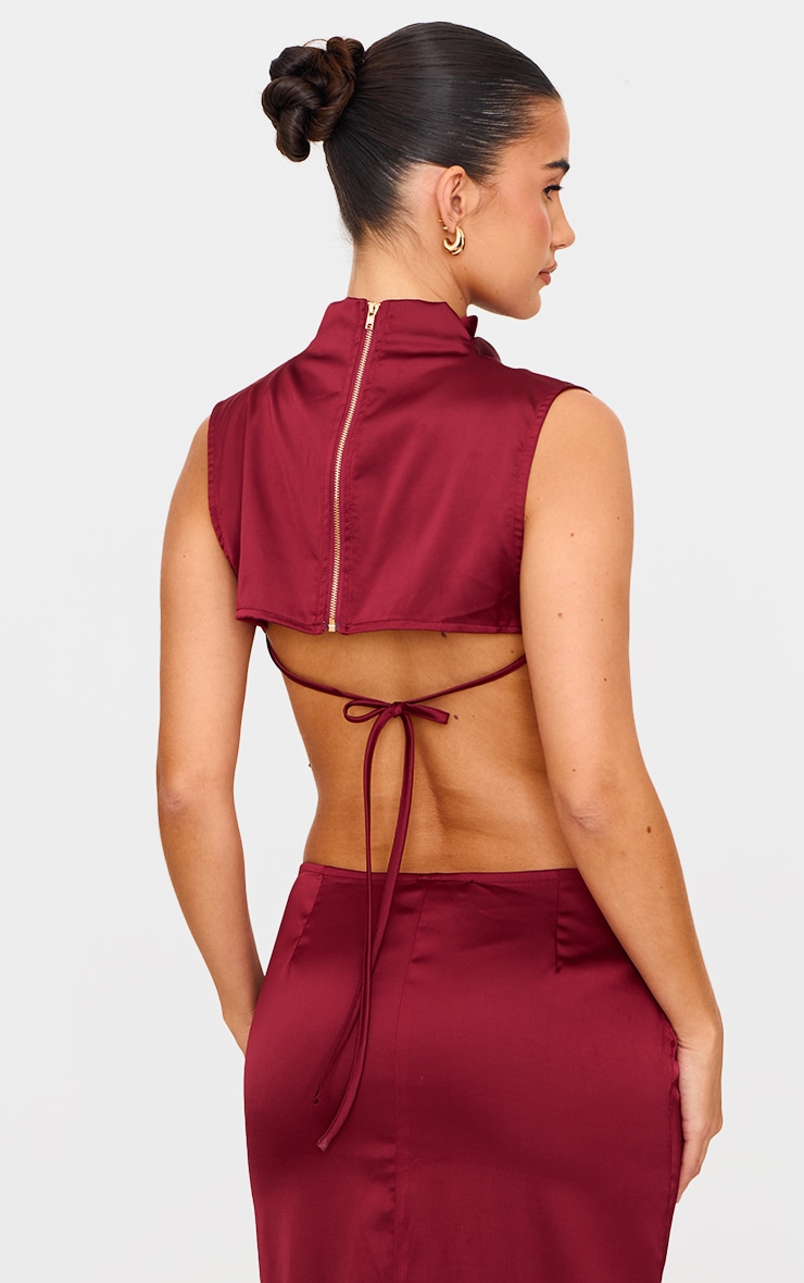 Burgundy Satin High Neck Tie Back Crop Top image 2