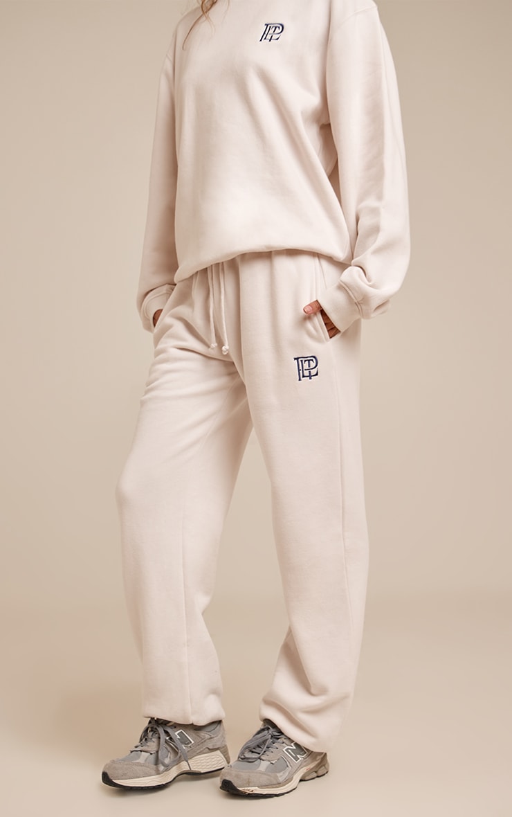 Cream PLT Embroidered Cotton Fleece Cuffed Sweat Pants image 2