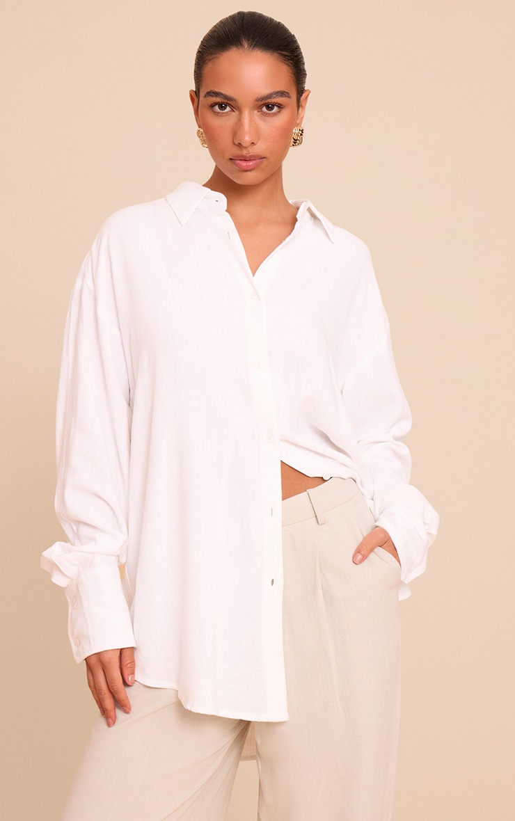 White Linen Look Boxy Oversized Shirt image 1