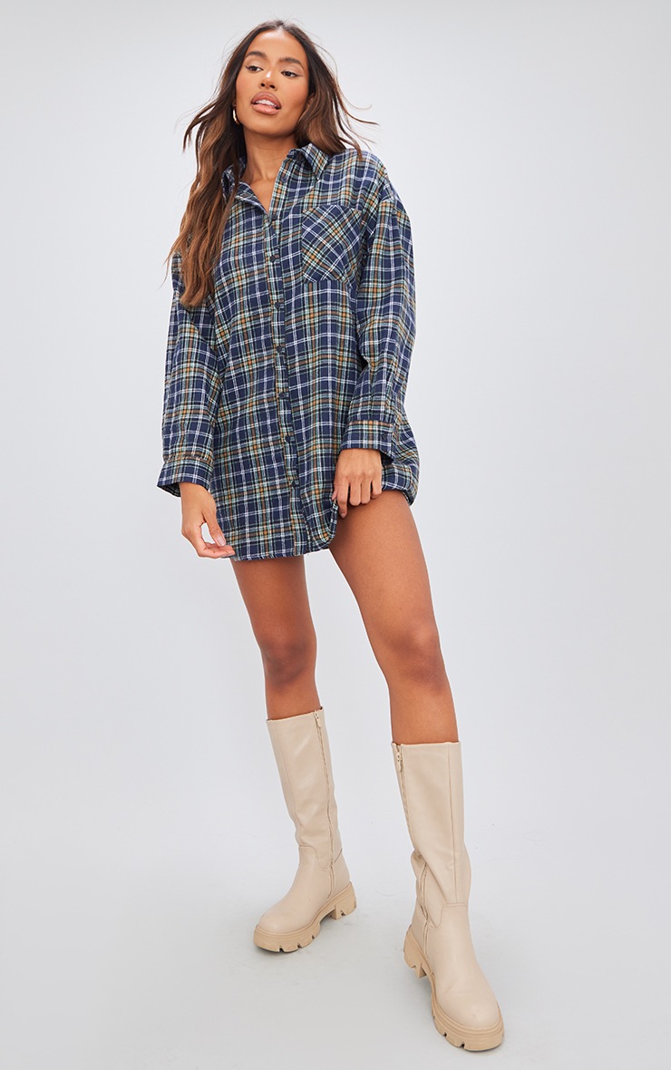 Blue Check Brushed Flannel Oversized Curved Hem Shirt Dress image 3