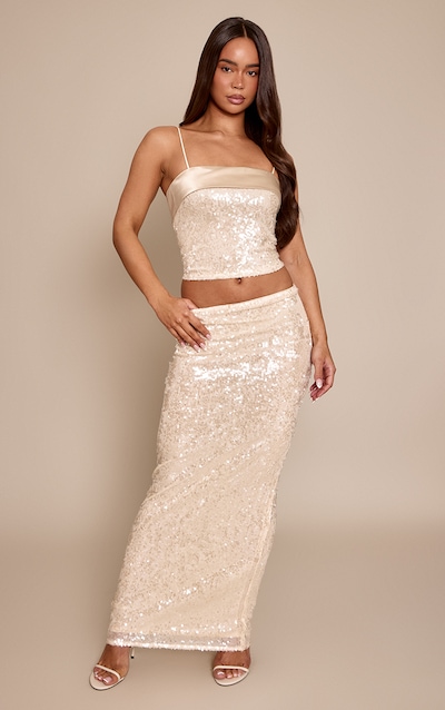 Cream Sequin Mid Rise Maxi Skirt