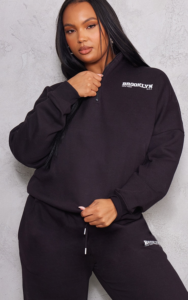 Plus Black Brooklyn Print Half Zip Sweatshirt image 4