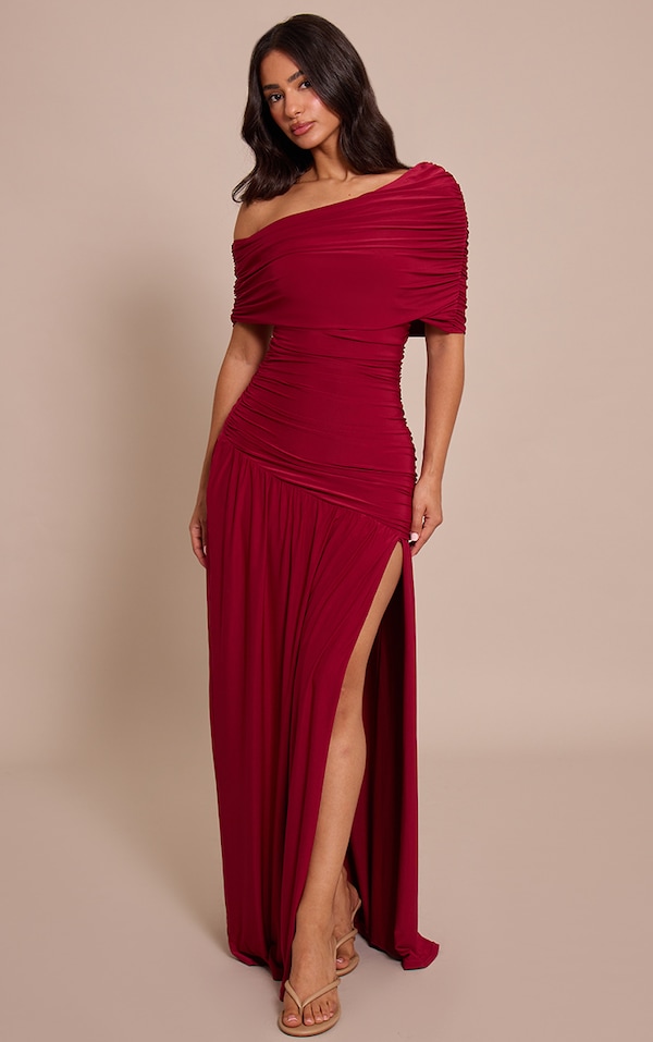 Petite Robe longue asymétrique prune fendue à col bardot